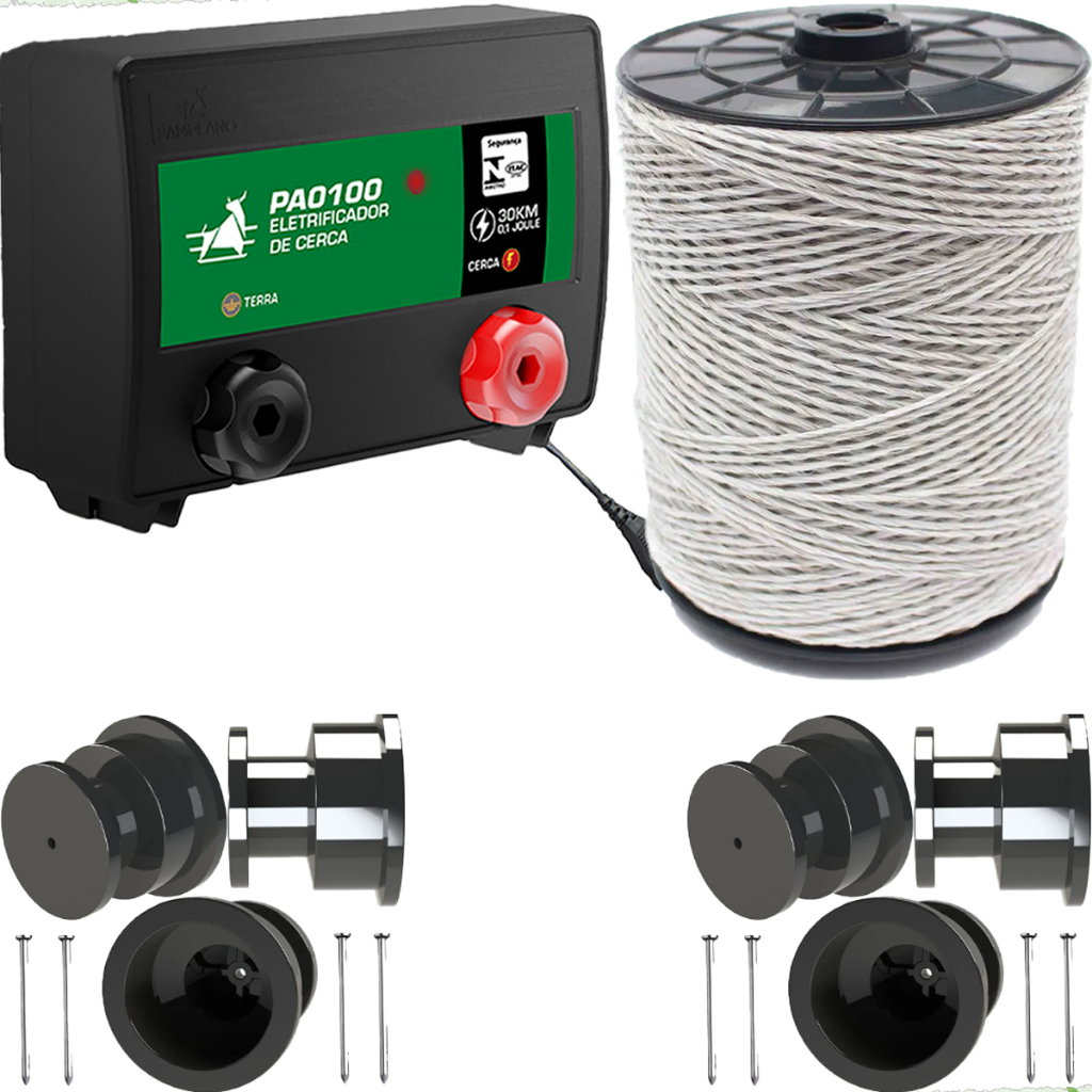 Kit Eletrificador Rural Cerca Eletrica Gado Boi Vaca Caes Galinhas + 250m Fio + 50 Isolador Roldana