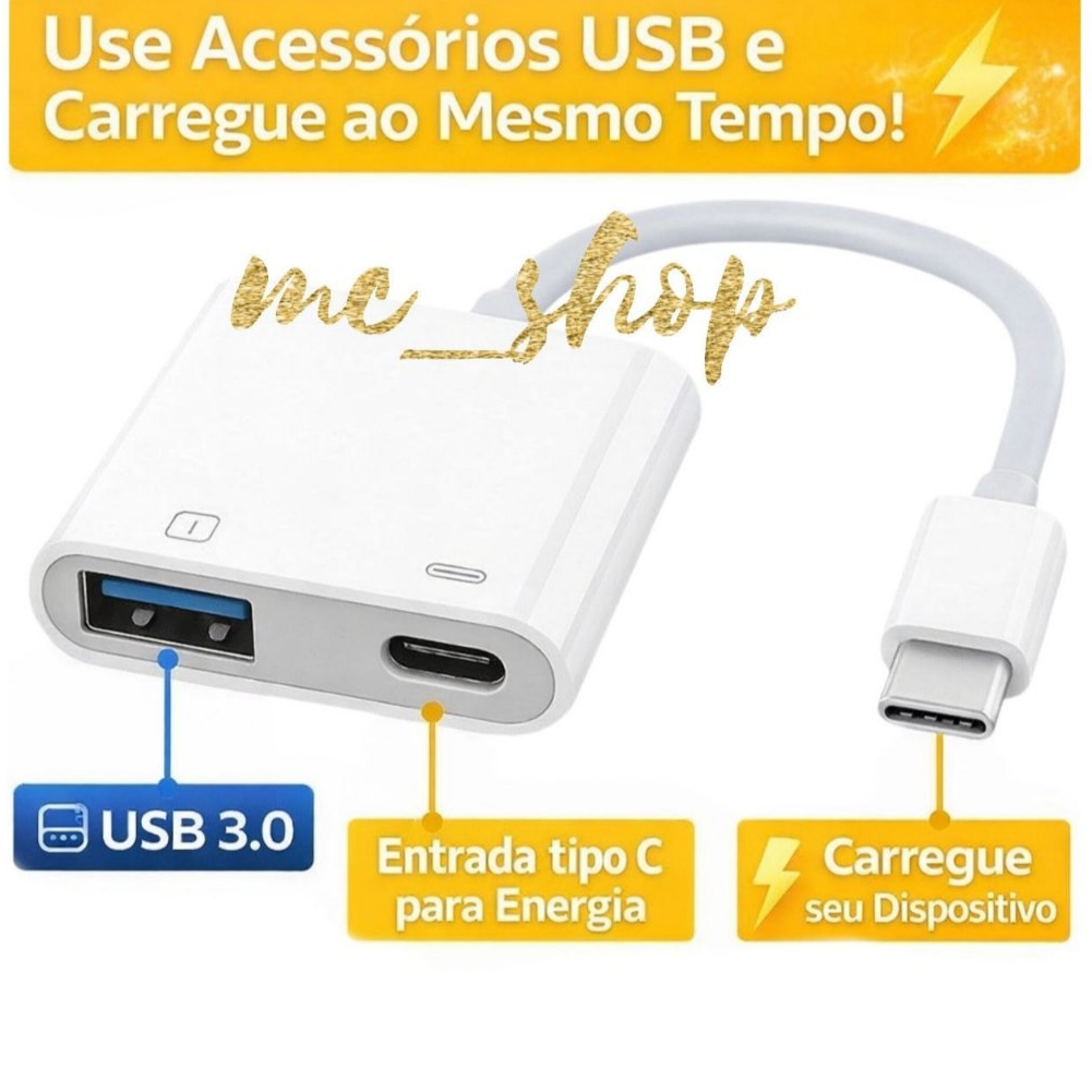 Cabo OTG 2 em 1 Tipo-C USB 3.0 com Carga Simultânea – Android/iOS, Microfone e Live
