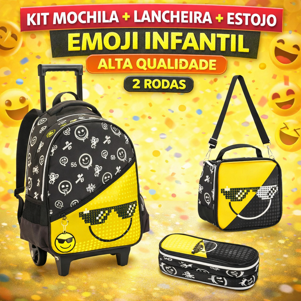 Kit Mochila de Rodinhas + Lancheira + Estojo Duplo Emoji DENLEX