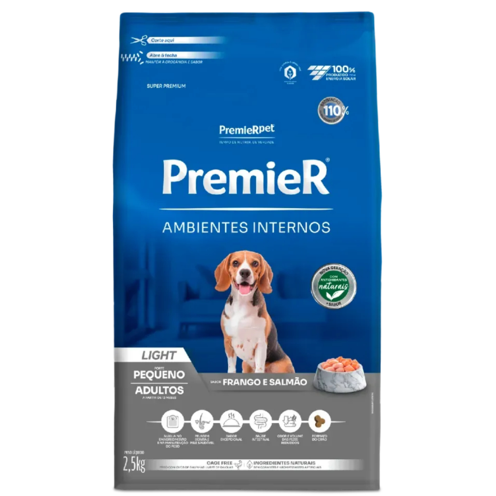 ação Premier Amb. Internos Light Cães Adultos Salmão/frango 2,5kg
