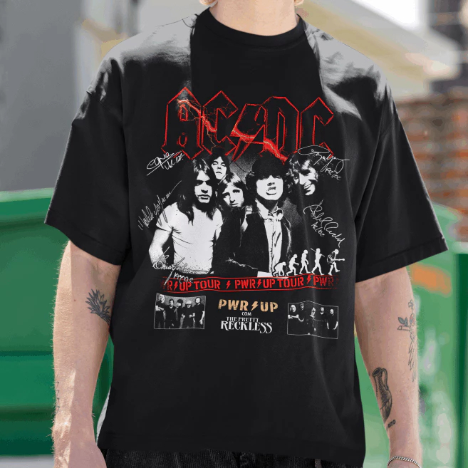 Camiseta Oversized ou Básica ACDC Banda de Rock Heavy Metal Tour Power Up Brasil 2026 Back in Black