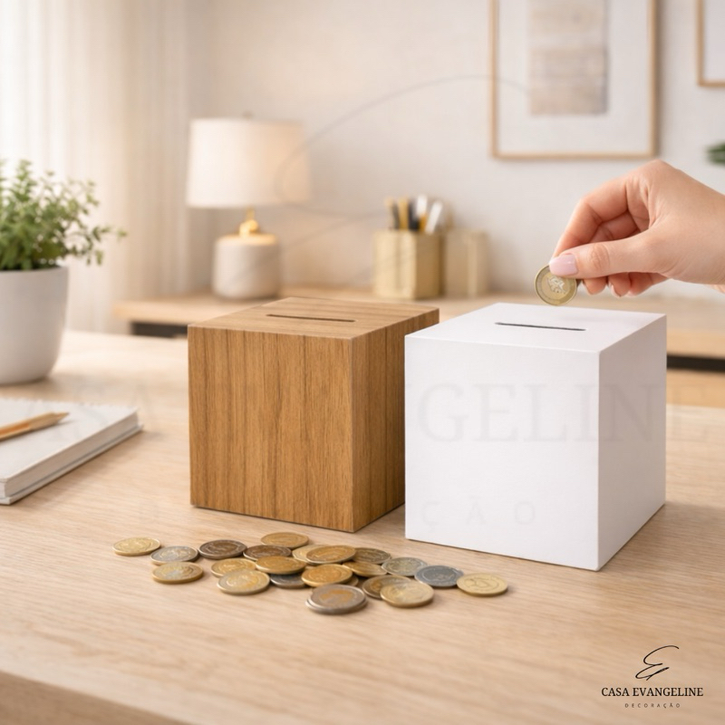 Cofre Cubo 12x12cm Cofrinho Para Moedas Cédulas Em MDF Decorativo Guardar Dinheiro Miaeiro Economia