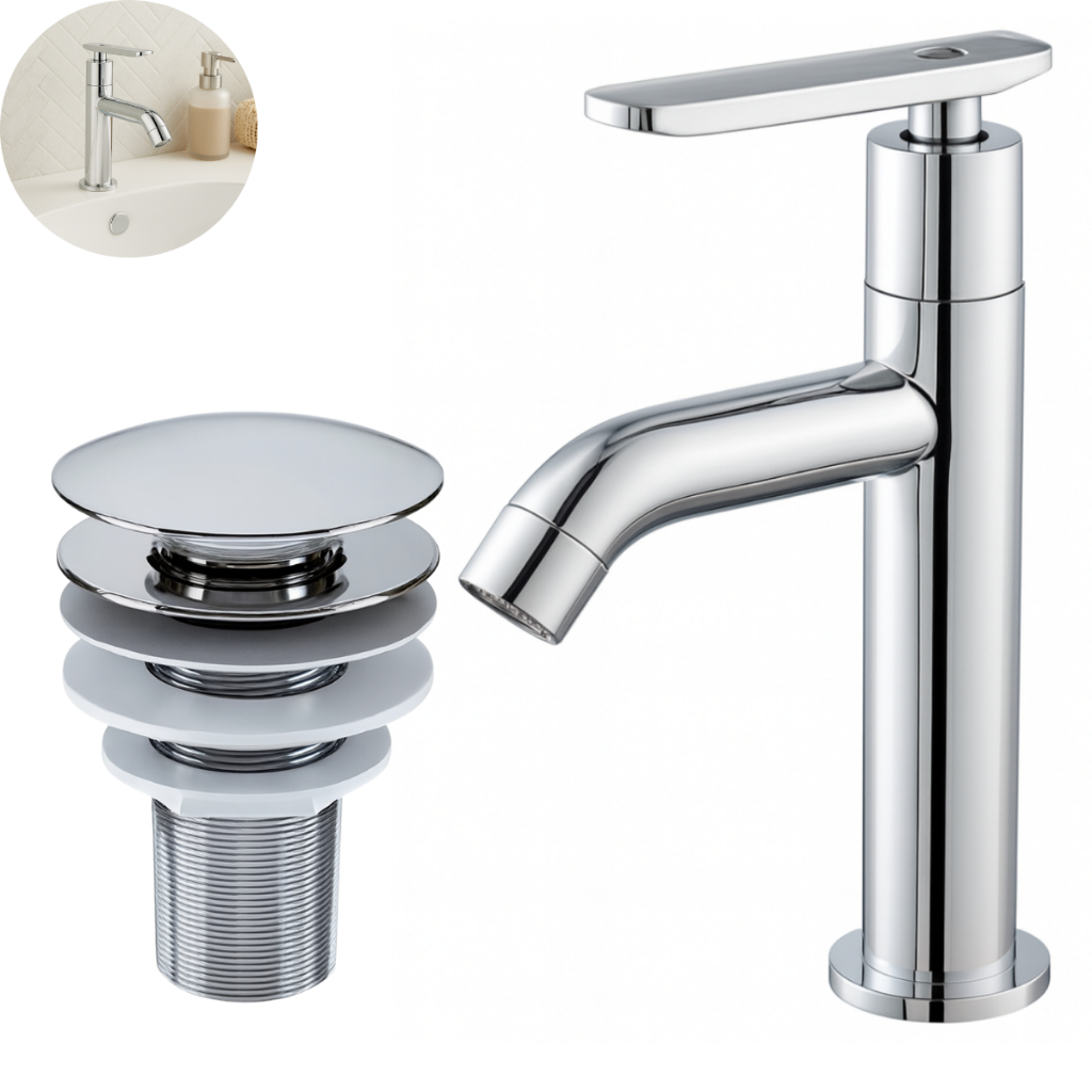 Kit de Banheiro em ABS- Torneira Bica alta Bancada Lavabo Lavatório +Ralo Válvula click 7/8 Cromada em Oferta na Shopee