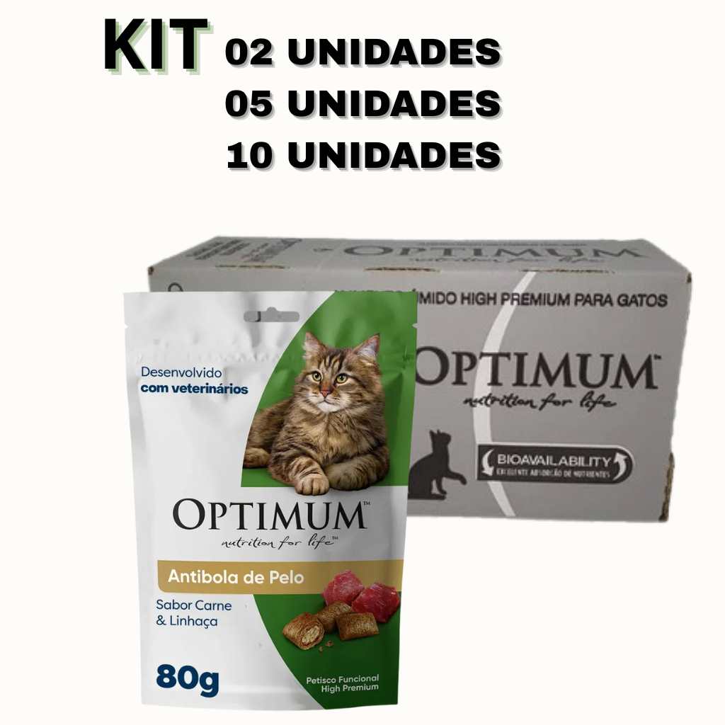 PETISCO OPTIMUM ANTI BOLA DE PELO SABOR CARNE E  LINHAÇA para Gatos Adultos 80g KIT 02,05 E 10 UN em Oferta na Shopee