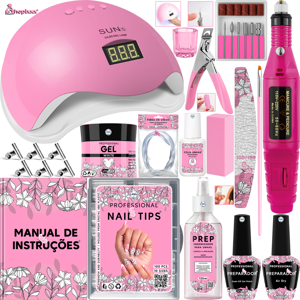Kit Unha Gel Completo Cabine Sun 5 48W Digital Lixadeira Elétrica Caneta Pedicure e Manicure Alongamento de Unhas