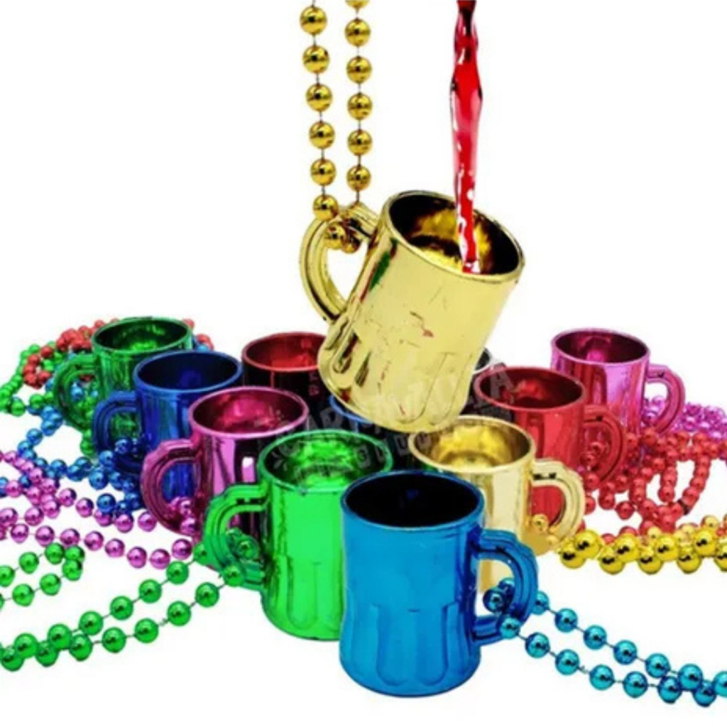 Kit 6 Canecas de Chopp Shot Metalizadas com Colar de Bolinha Carnaval Festa Lembrança Coloridas NEW