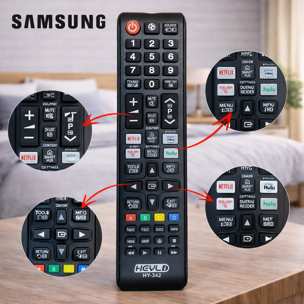 Controle remoto UNIVERSAL SAMSUNG / NETFLIX, PRIME VIDEO, RAKUTEN, HULU / HY-342