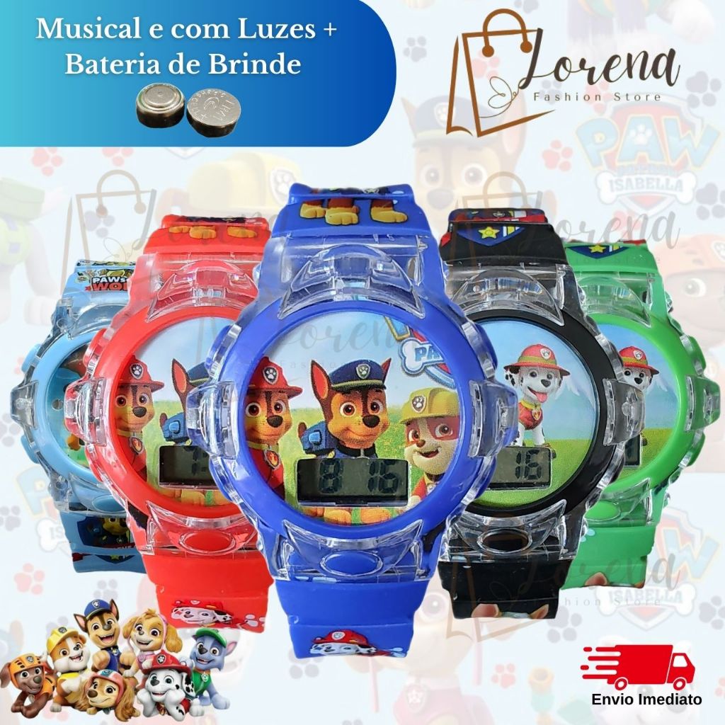 Relógio Infantil Musical Patrulha Canina com LED + Bateria Extra Barato Promoção