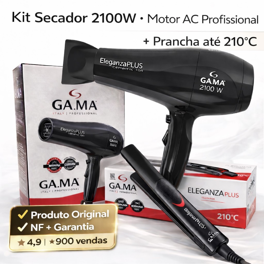 Kit Secador GA.MA 2100W e Prancha Eleganza 210°C - Original-com NF e Garantia