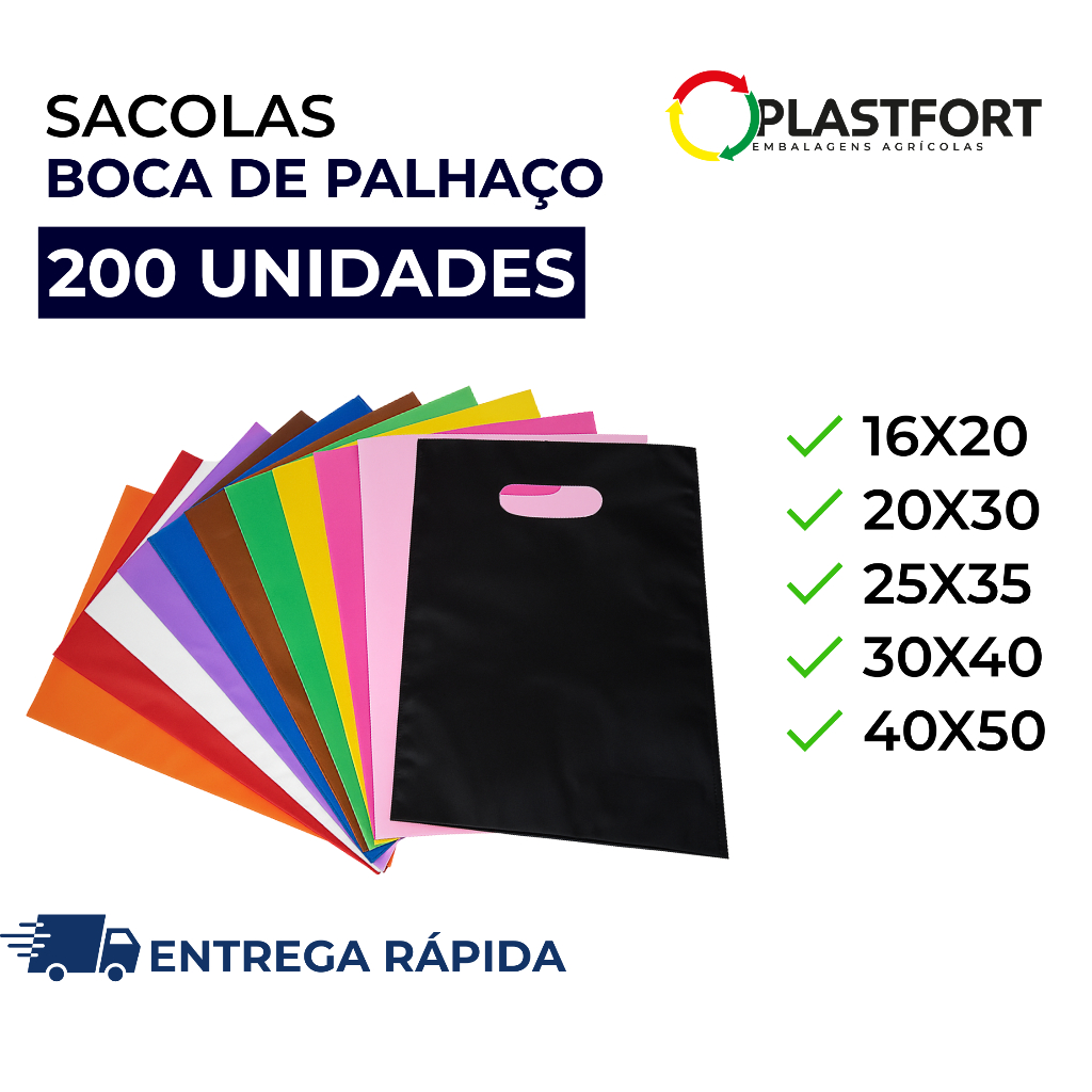 200 Sacolas Boca de Palhaço 16x20, 20x30, 25x35, 30x40 e 40x50 Sacolinhas Alça Vazada Várias Cores em Oferta na Shopee
