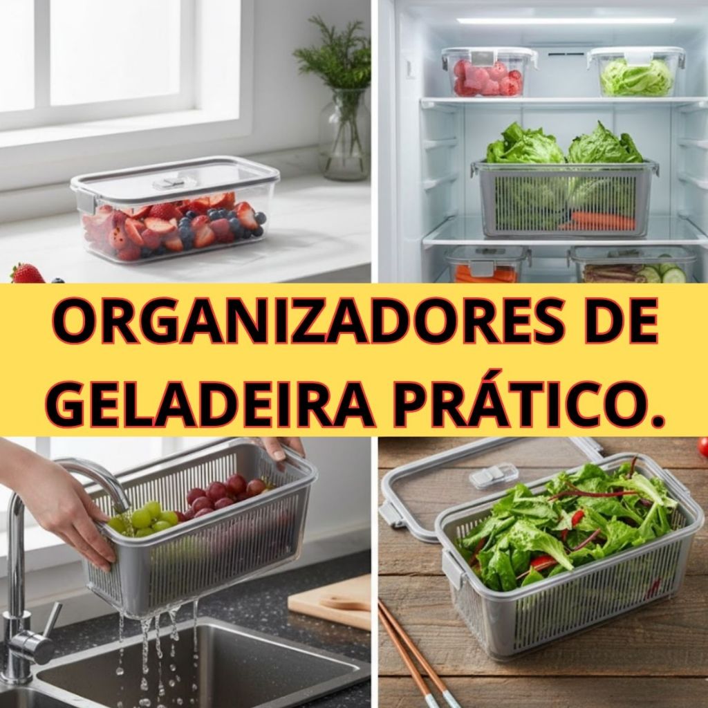 Kit Organizador de Geladeira 800ml/1700ml/3300ml Litros Cesto Com Tampa Multiuso Alimentos Verduras e Vegetais