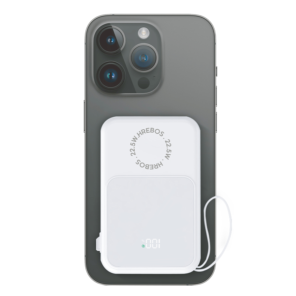 Carregador Portátil Powerbank MagSafe 10000mAh Hrebos 22.5W com Indução Sem Fio e Display Digital Compatível iPhone