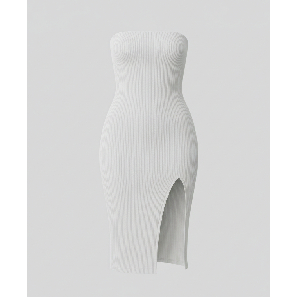Vestido Midi Feminino Tomara Que Caia com Fenda Canelado Premium Ajustado ao Corpo Elegante