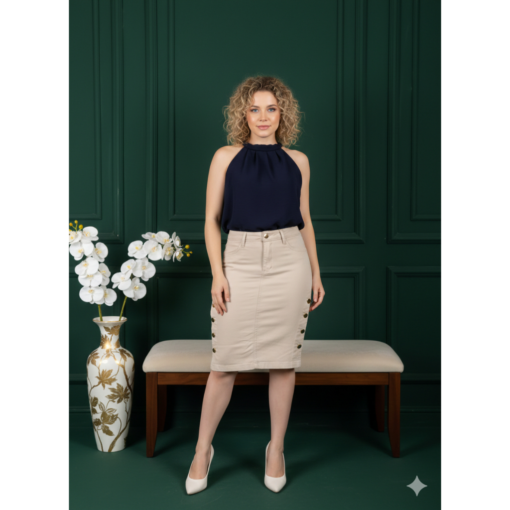 Saia Brim Creme com botões Dourados Elegante Evangelica Casual