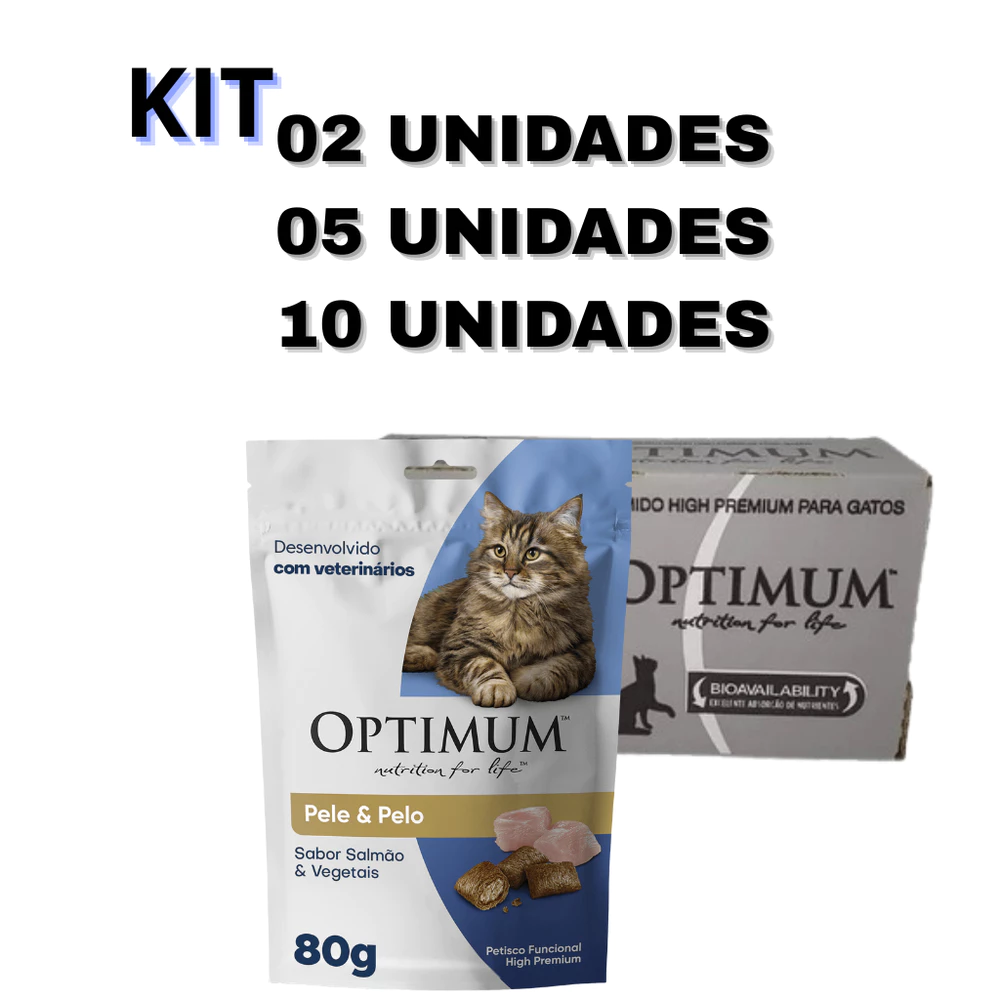 Petisco Optimum Pele e Pelo Sabor Salmão e Vegetais para Gatos Adultos 80g KIT02/05/10 UN