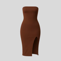 Vestido Midi Feminino Tomara Que Caia Canelado Premium com Fenda Moda Elegante
