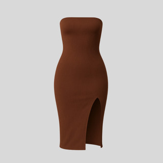Vestido Midi Feminino Tomara Que Caia Canelado Premium com Fenda Moda Elegante