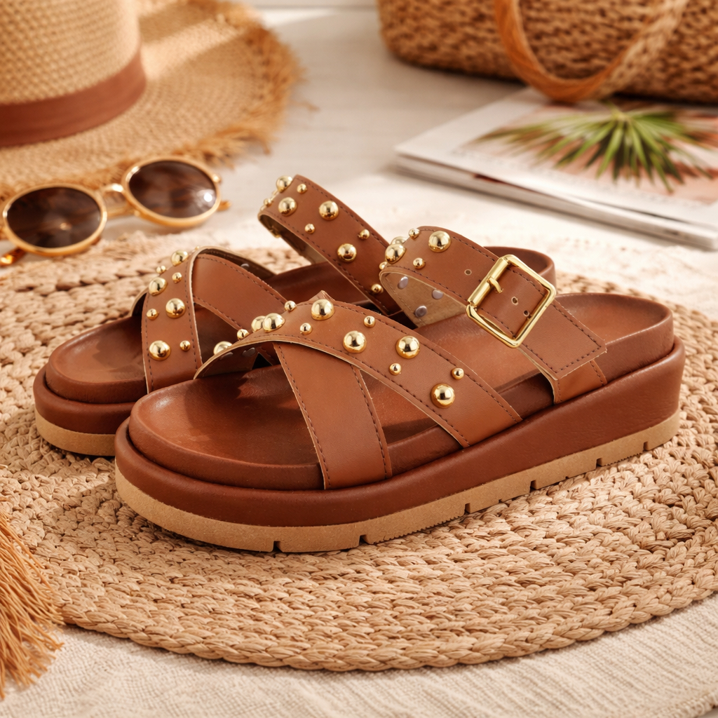 Sandália Papete Flatform Tamanco Tachas Dourada e Fivela Confortável e Estilosa Lançamento Caramelo