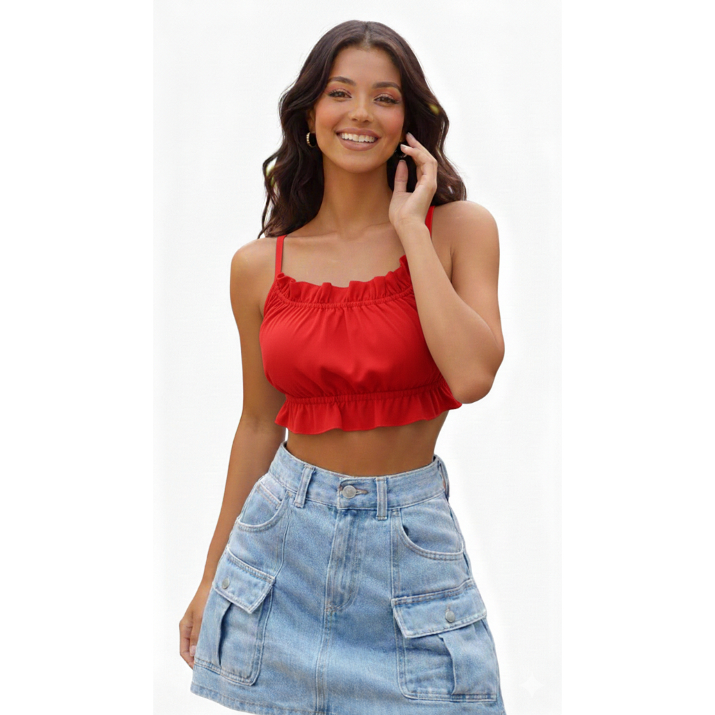 Top Cropped Frente Única Bojo Feminino Babado Alcinha Delicado Verão Moda Tendência Fashion Balada Praia Básica Carnaval