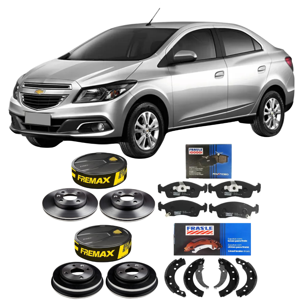 Kit Disco Tambor Fremax + Pastilha Sapata de Freio Frasle Dianteira Traseira Prisma LT LTZ 1.0 1.4 2013 A 2019
