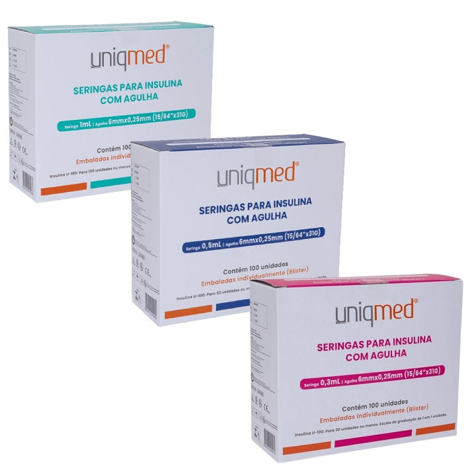 Seringa 0,3ml (30ui), 0,5ml (50ui) ou 1ml (100ui) Agulha EXTRA FINA FIXA 6mmx0,25mm 31G  - Uniqmed