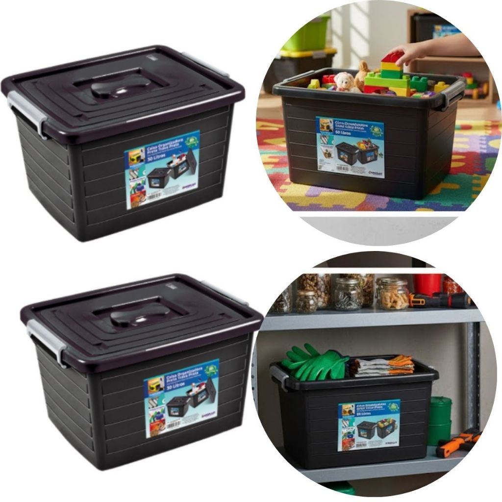 Kit 2 Caixa Organizadora Multiuso Preta C/ Tampa 30L em Oferta na Shopee