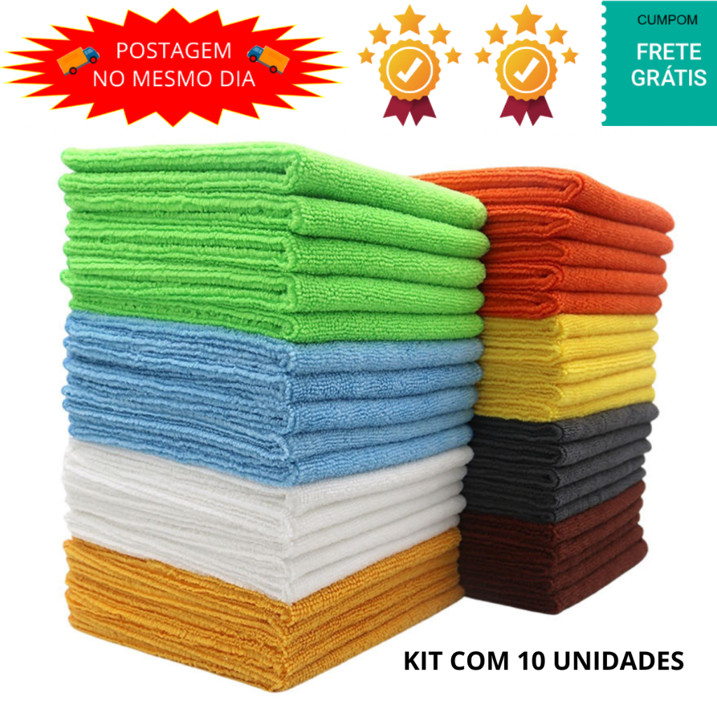 Pano De Limpeza Microfibra Kit Com 10 Unidades 25x25cm Pano Mágico Flanela Carro Pia Chão em Oferta na Shopee