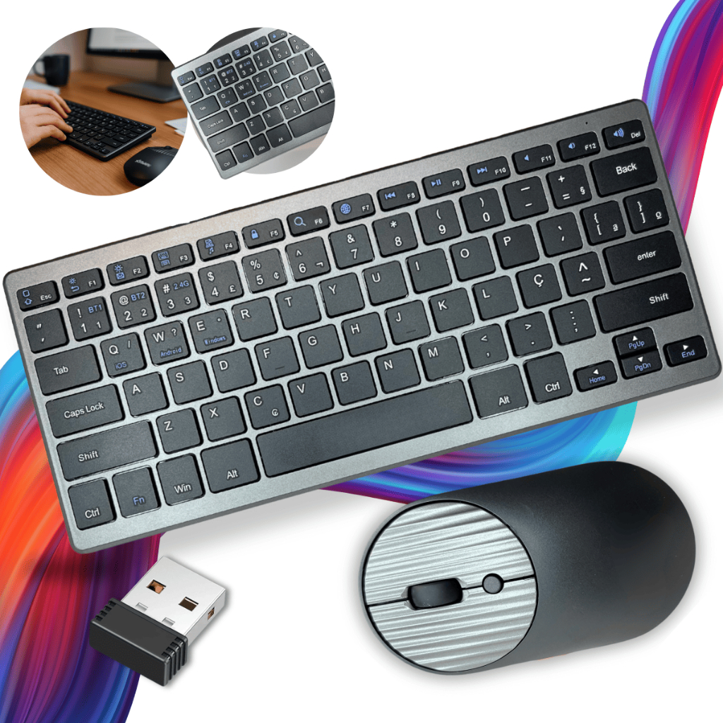Kit Teclado E Mouse Sem Fio Bluetooth Slim ABNT Notebook Celular Tablet PC 1600 DPI