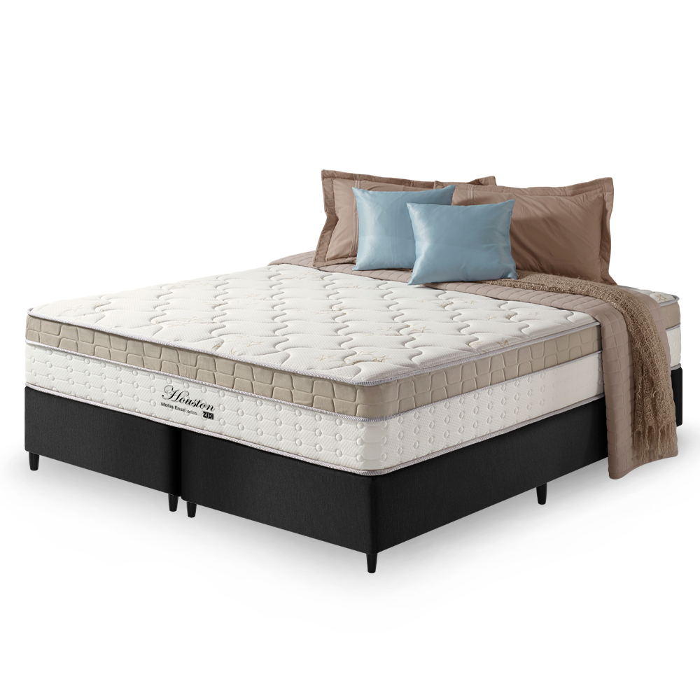 Cama Box Queen Preto + Colchão Molas Ensacadas Houston Pillow Inn 158x198x65cm