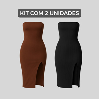 Kit 2 Vestido Midi Feminino Tomara Que Caia com Fenda Canelado Premium Ajustado ao Corpo em Oferta na Shopee