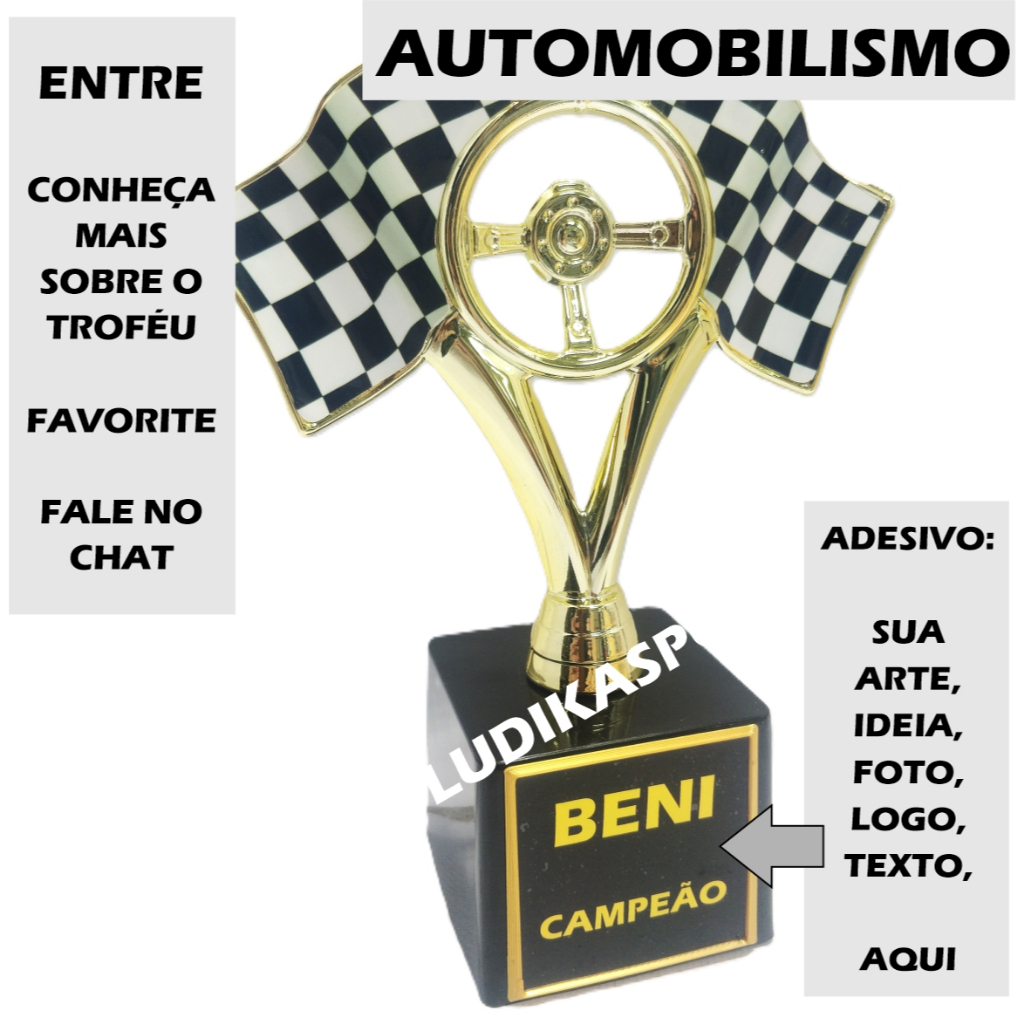Troféu Automobilismo Bandeira Color Ouro 18cm BL1 [Quer Adesivo Personalizado?] Corrida Kart 1 F1
