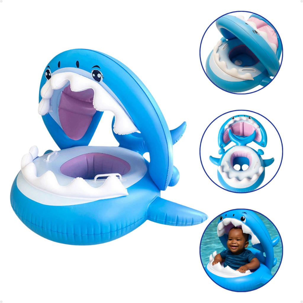 Boia Com Cobertura Bote Infantil Bebê Inflável Tubarão Baby Shark Piscina Praia Verão