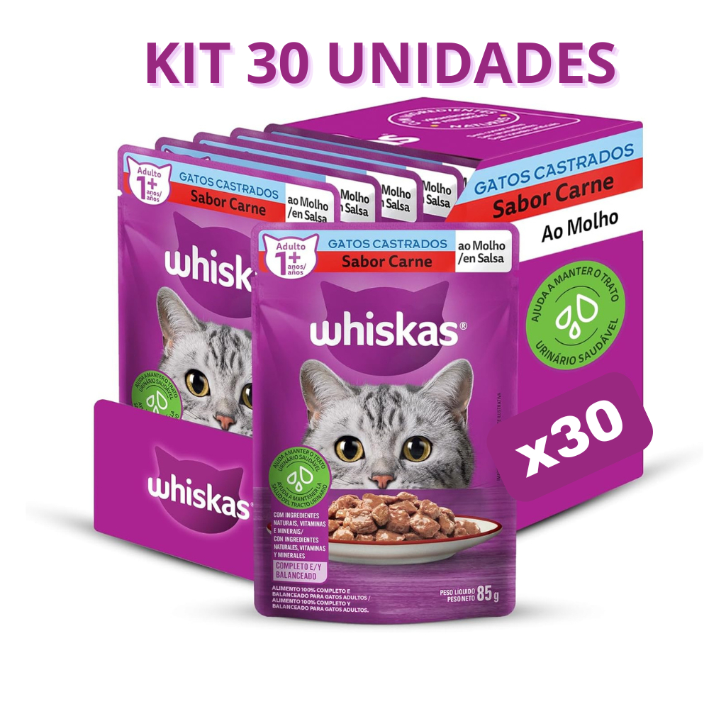 SACHÊ WHISKAS CASTRADOS CARNE  85G PROMOÇÃO KIT 30 UN