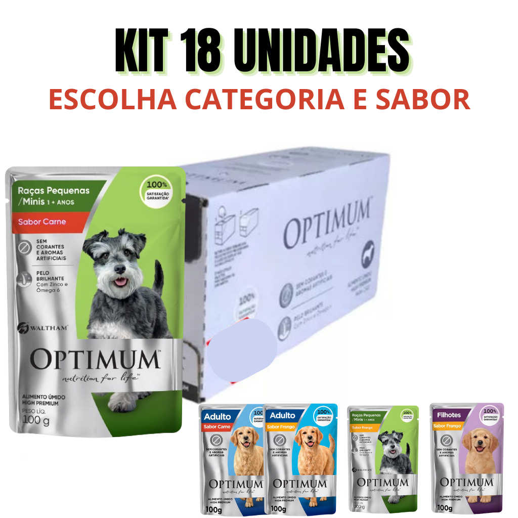 SACHÊS OPTIMUM CÃO SABORES, TAMANHOS E FASES DA VIDA 100G KIT 18 UN