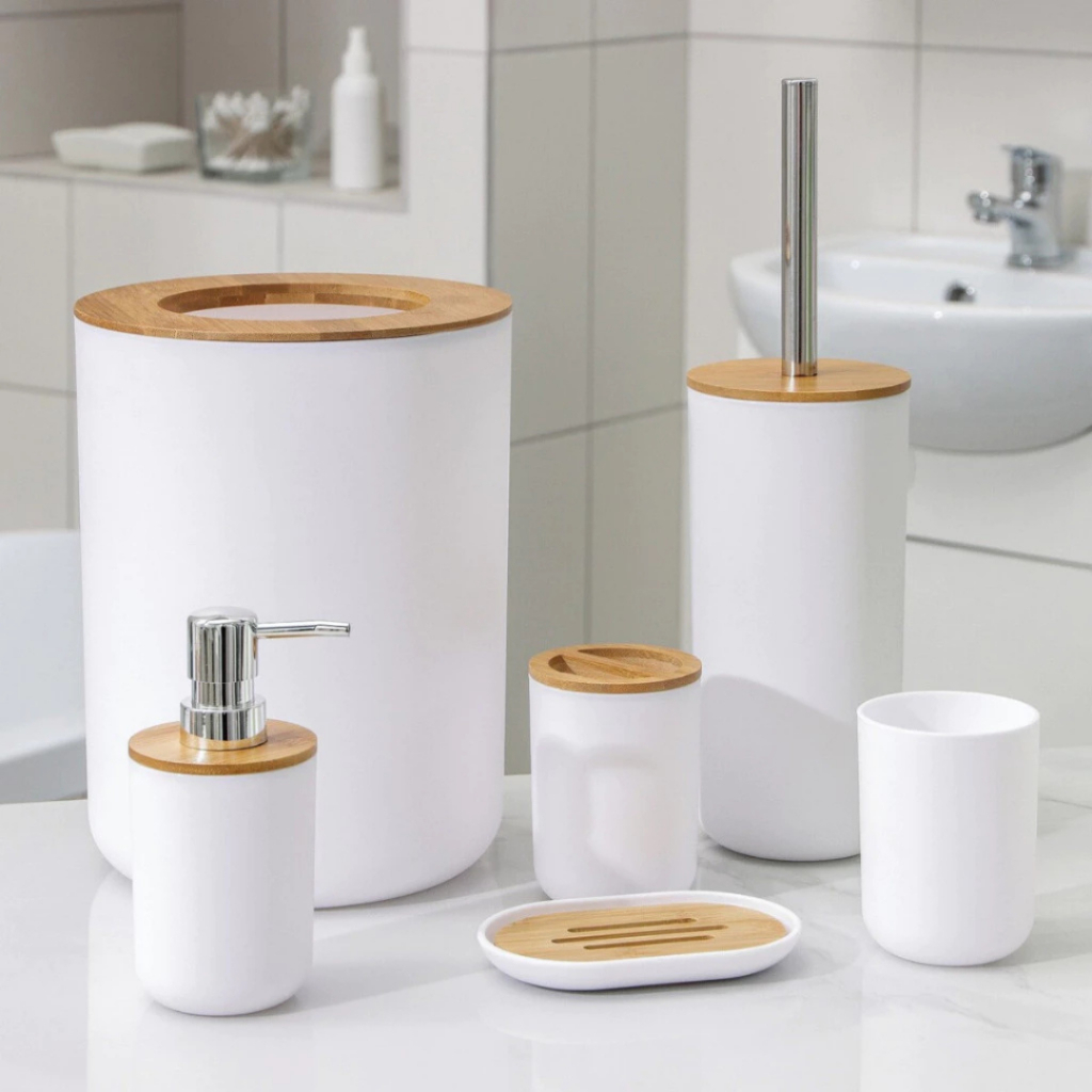 Kit Banheiro Conjunto 6/4 /2 Peças Completo Lixeira Tampa Basculante Bambu Lavabo Escova Sanitária