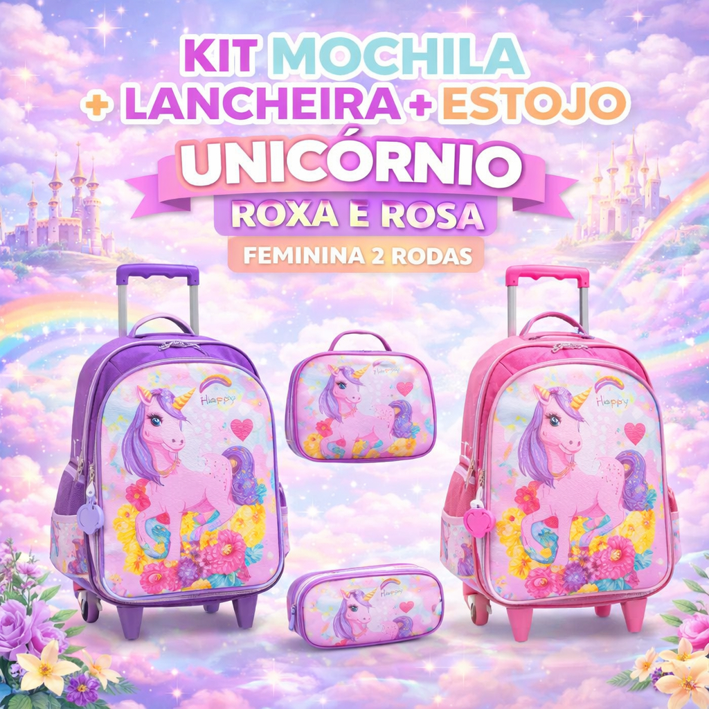 Kit Mochila de Rodinhas + Lancheira Térmica + Estojo Happy Pony Unicórnio YINS Alta Qualidade Premium Infantil