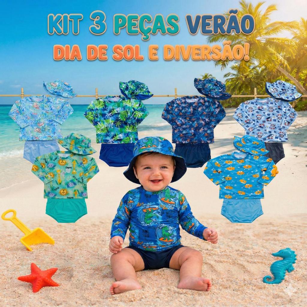 kit Bebê Blusa com Proteção Solar UV50 +Tapa Fralda( Sunga ) e Chapéu- Moda Praia e Piscina MeninosM ao 3