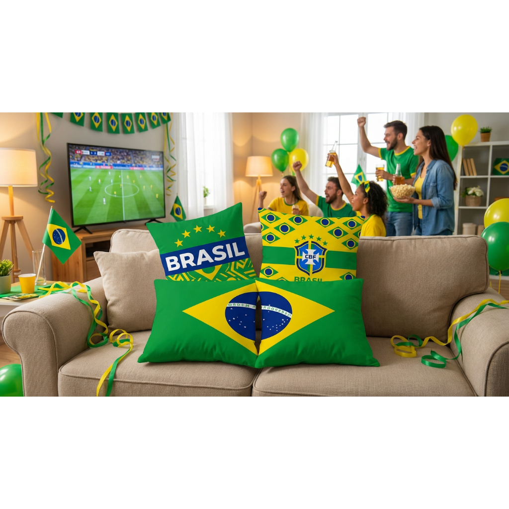 Kit 4 Capa de Almofada 45x45cm | Decoração Copa Torcida Brasil | Bandeira CBF Seleção Brasileira