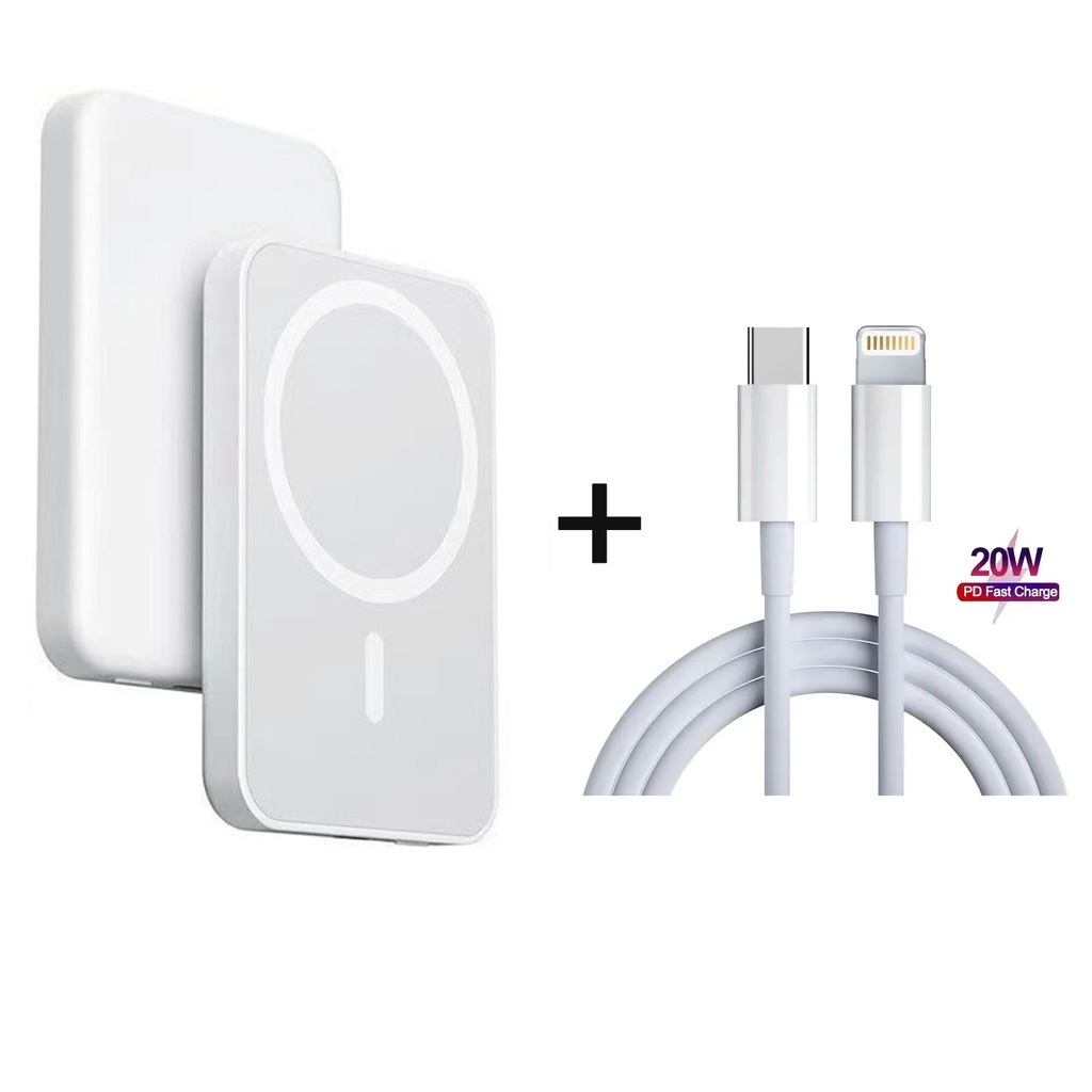 Kit 2 em 1 Power Bank Portátil   Pack MagSafe + Cabo de iphone Rápido 20W USB-C para Lightning 1m