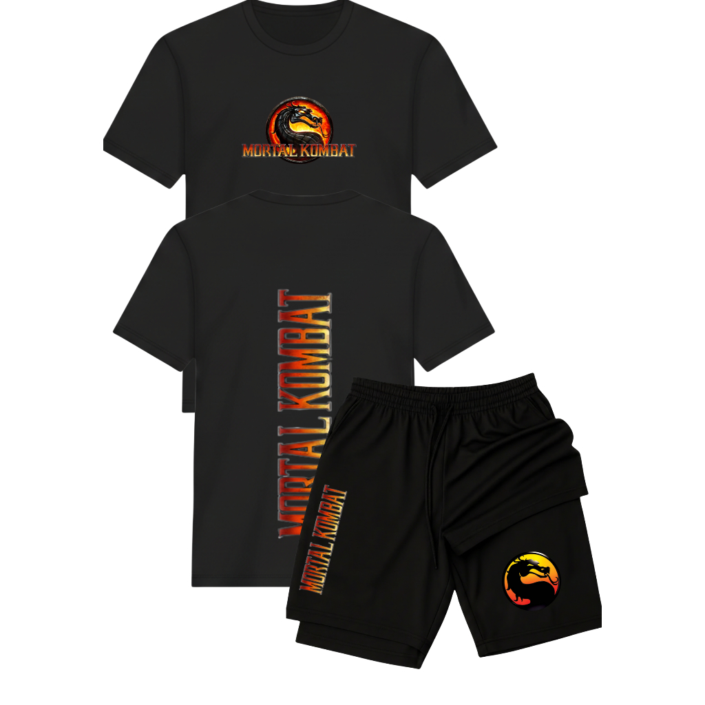 Kit Mortal Kombat Camiseta + Short Compressão 2 em 1 Proteção Uv Fatality Finish Him Camisa Algodão Corrida Academia