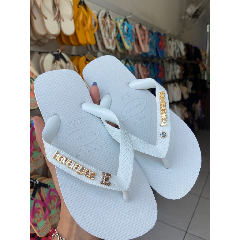 Chinelo Havaianas Top Tiras largas Branco Original Sandália Confortável Feminino com Logo + Letra + Ponto de Luz Tiras