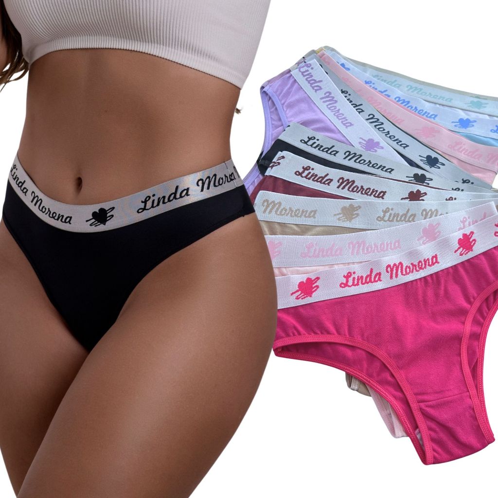 Kit 4 ou 8 Calcinha Tanga Algodão Elástico Exposto Grosso Conforto Tanga Cotton Cós Largo Feminina