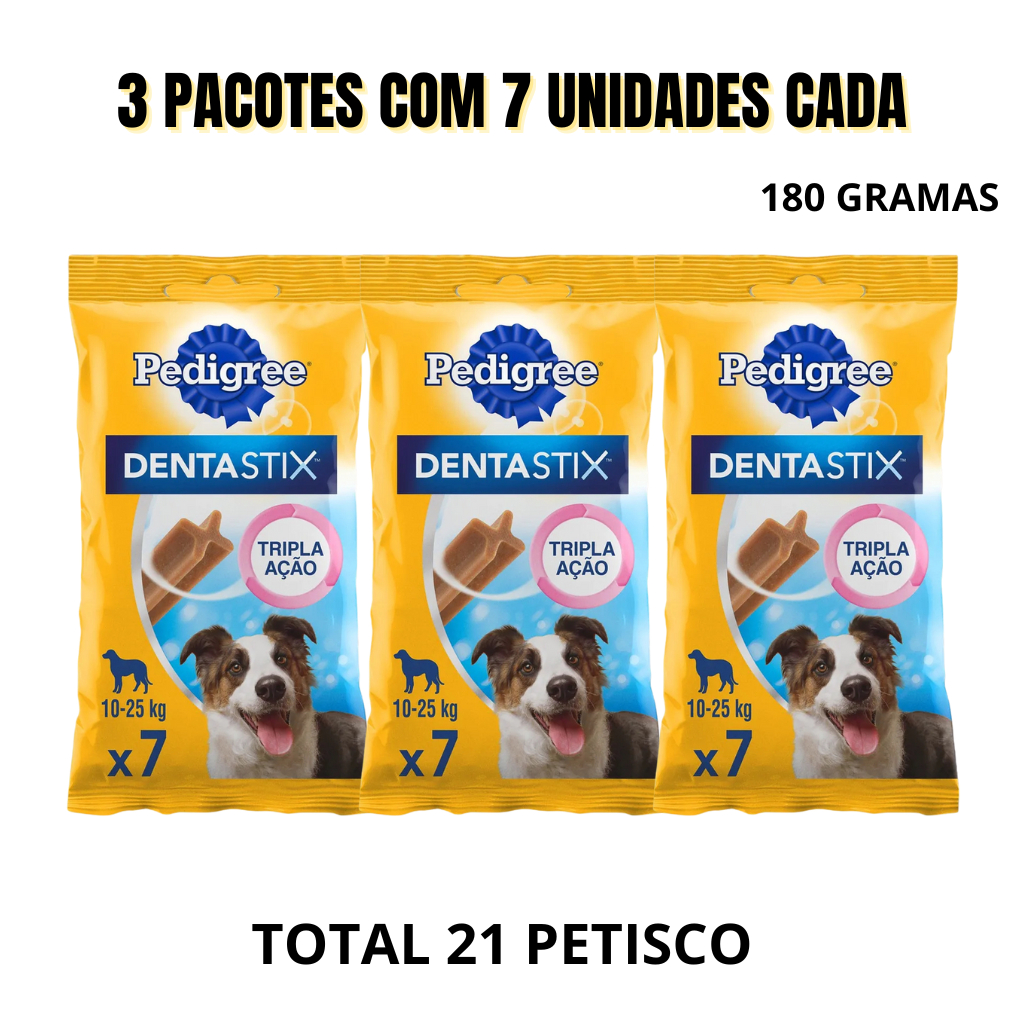 3 Pacotes Petisco Pedigree PROMOÇÃO CÃO  RAÇAS MÉDIAS DENTASTIX 180G 7 UNID em Oferta na Shopee