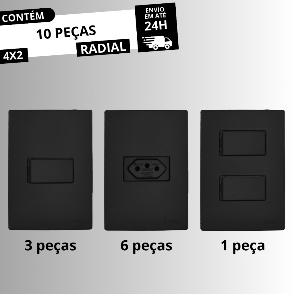 Kit 10 peças Tomadas e Interruptores Linha Ouro Preto Fosco RADIAL