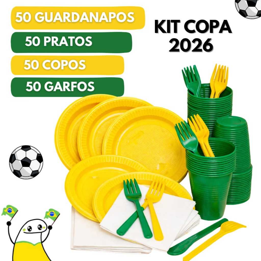 Kit Festa Descartáveis Copa do Mundo 2026 50 Pessoas Prato Copo Guardanapo e Garfo