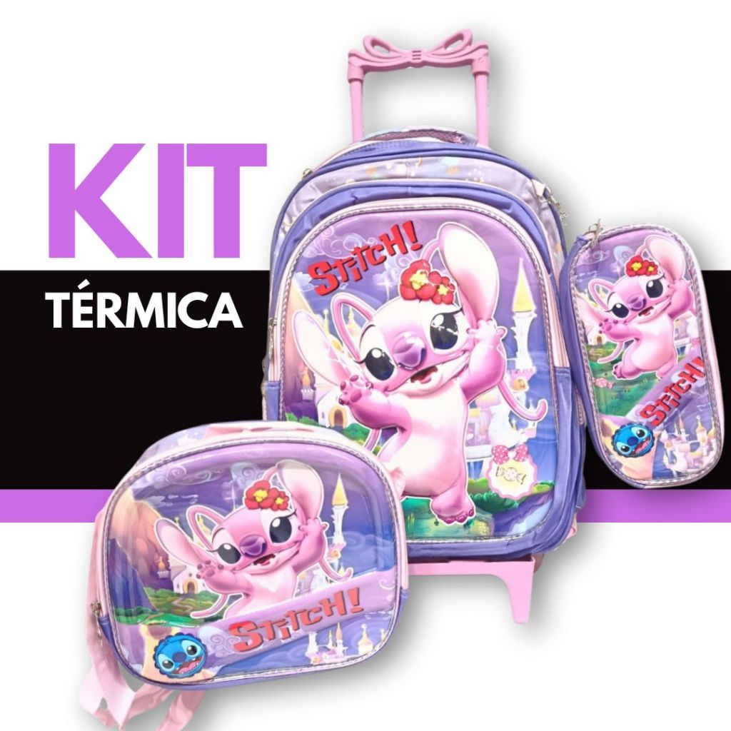 kit mochila escolar 3D  com rodinhas lancheira térmica e estojo