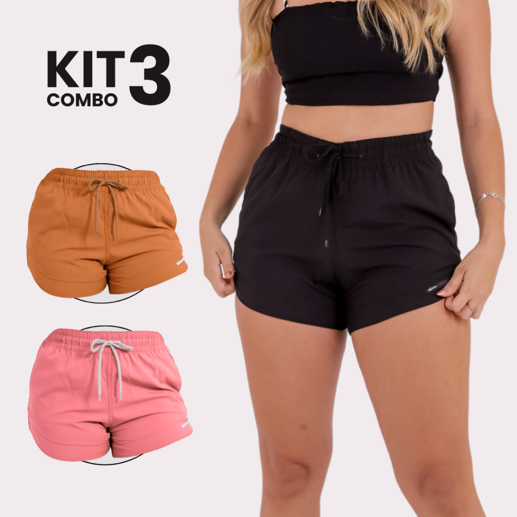 Kit Short Feminino Academia Soltinho Corrida Praia Tactel Elastano Secagem Rápida