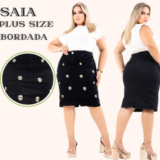 Saia Plus Size Evangelica Na Cor Preta do 46 ao 54 Jeans Com Laycra e Bordado Em Girassol Em Tons Em Dourado E Azul