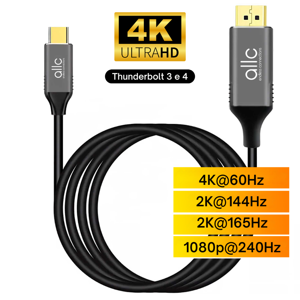 Cabo Adaptador Tipo C USB-C Displayport DP 4K@60Hz 2K@165Hz 1080p@240Hz Thunderbolt 3/4 para Monitor Gamer Macbook Note