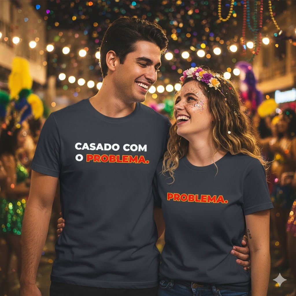 Camiseta Kit Streetwear Casal Divertida Estampa Casado com o Problema Oversized Carnaval